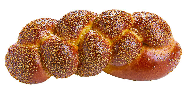 Golden brown braided challah bread generously sprinkled with sesame seeds, isolated on transparent background