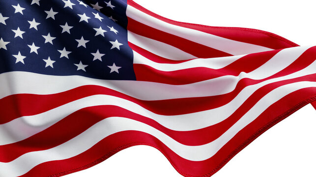 Waving American flag with red and white stripes and blue field with stars, isolated on transparent background