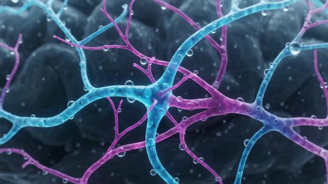 3D animation of a pink neuron cell firing electrical impulses over a human brain background video clip