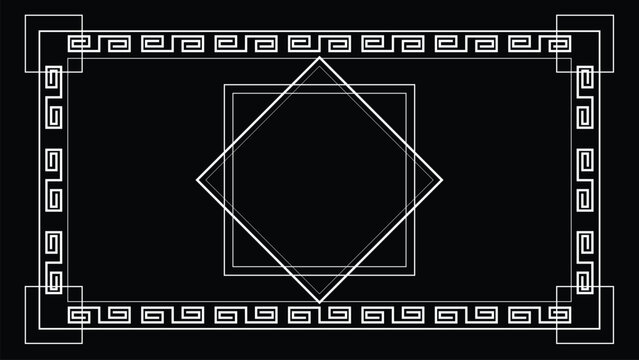 Greek art deco frame border with rectangular ornament in center space, design on black background.