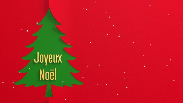 Sapin de No&euml;l en papier d&eacute;coup&eacute; 3D avec texte Joyeux No&euml;l sur fond rouge et neige tombante