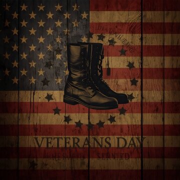 Veterans Day Background with Black Military Combat Boots and American Flag on Rustic Wooden Texture