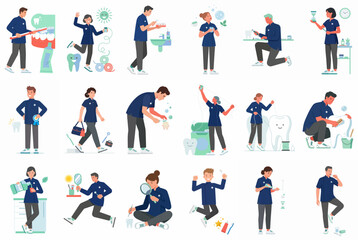 Fototapeta premium Set of flat vector illustrations depicting people practicing daily dental hygiene routines like brushing, flossing, and maintaining oral health.