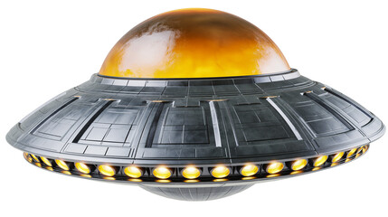 Detailed metallic flying saucer with glowing orange dome, isolated on transparent background © Marcel