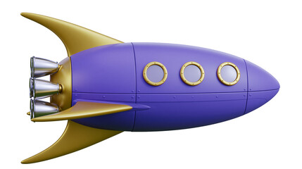 Retro purple cartoon rocket ship with gold fins and portholes, isolated on transparent background © Marcel