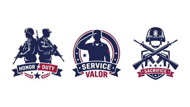 Set of military emblems featuring soldiers saluting and crossed rifles with honor duty and valor text labels