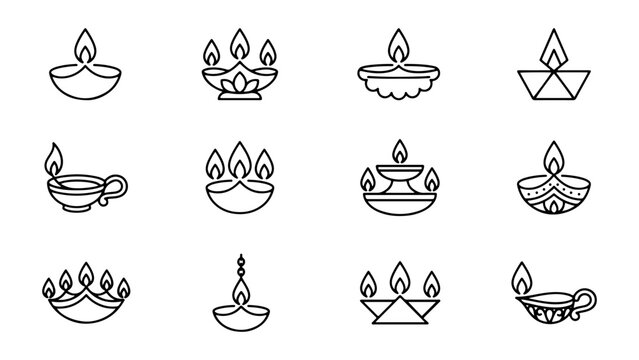 Set of hand drawn outline icons of traditional indian oil lamps for diwali festival celebration