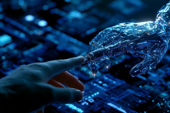 Human Hand Reaching Toward Humanoid Robot Hand in Futuristic Technology Scene