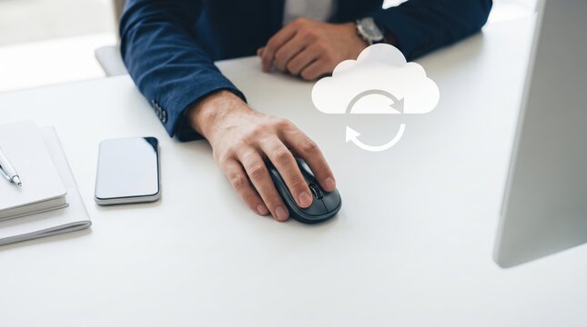 Cloud computing and data synchronization showing hand using computer mouse on white desk with smartphone and cloud sync icon overlay, representing online storage, backup