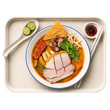 Curry mee paper cut art illustration served on a tray with side condiments