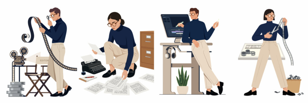 Evolution of film editing and screenwriting from manual cutting and typewriters to modern digital software on computers, featuring diverse creators