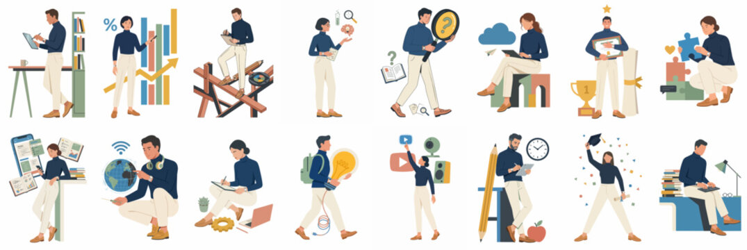 Flat vector illustrations of professionals and students engaged in various business, technology, education, and creative activities for modern career concepts.