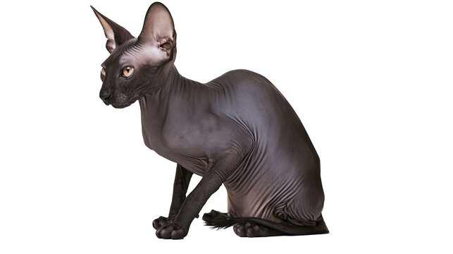 Dark grey wrinkled Sphynx cat sitting, isolated on transparent background