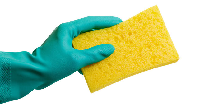 Turquoise gloved hand holding a yellow porous sponge, isolated on transparent background
