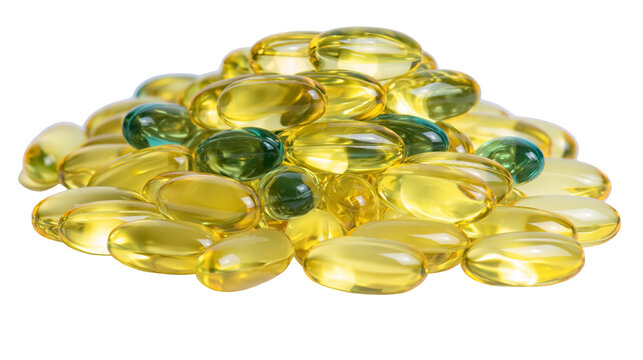 Pile of translucent yellow and green oval softgel capsules, isolated on transparent background