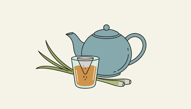 Herbal lemongrass tea in a glass cup with a strainer, served next to a blue ceramic teapot and fresh lemongrass stalks.