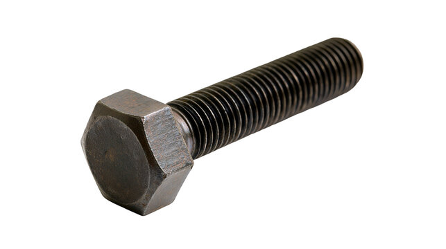 Dark metal hex bolt with threaded shaft, isolated on transparent background