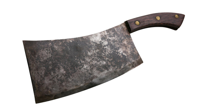 Rusty metal cleaver with dark wooden handle, isolated on transparent background