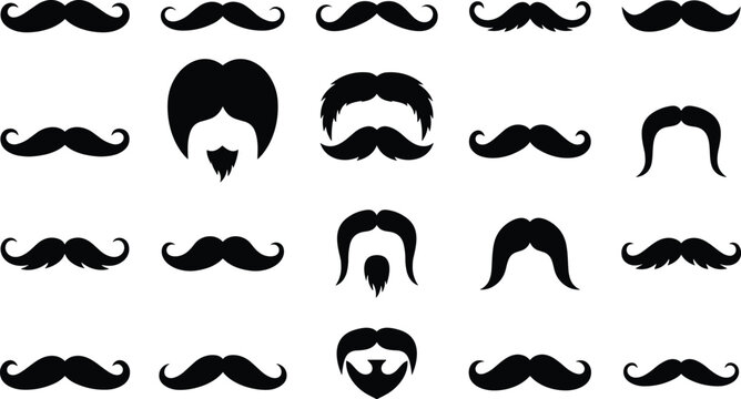 Set of mustache, beard, facial hair, and retro hipster icons vector illustration