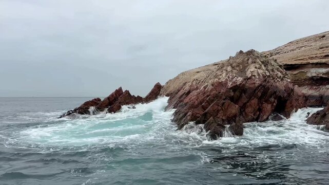 Powerful Pacific Ocean Waves Crashing Against Rocky Ballestas Islands in Peru