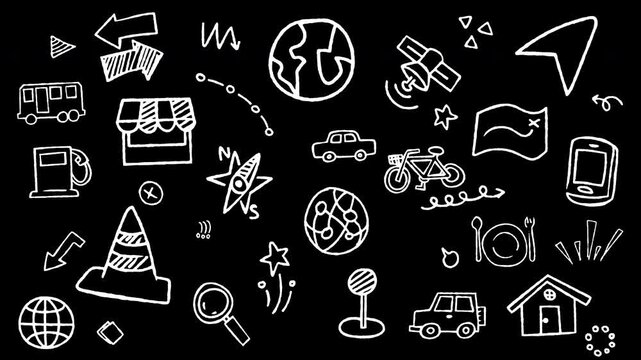 Animated doodle icons of map navigation, travel items, road transport, and location symbols. Seamless loop video background in black and white.