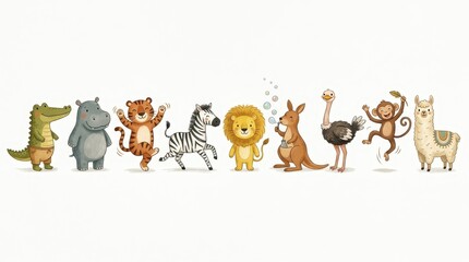 Fototapeta premium Adorable Hand Drawn Safari and Zoo Animals Set Featuring Lion Tiger Zebra Monkey and Llama on White