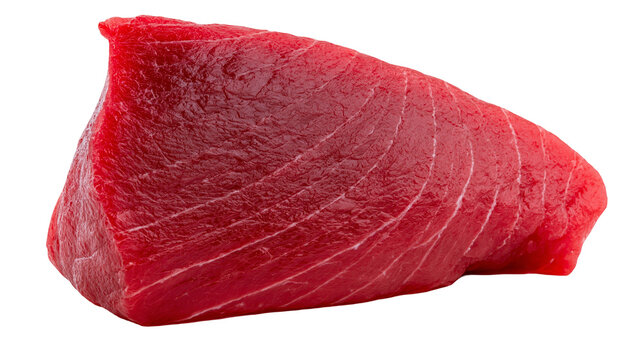 Raw red tuna steak with visible muscle fibers, isolated on transparent background