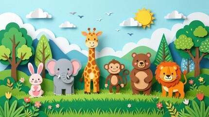 Fototapeta premium Adorable Paper Craft Jungle Animals Illustration Featuring Lion Elephant Giraffe and Bear in Sunny Nature Scene