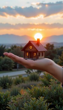 Hand holding miniature house against sunset sky