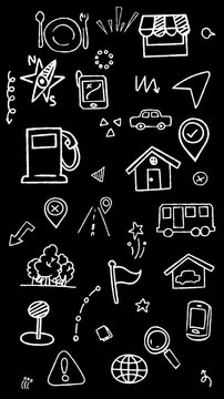 Animated doodle icons of map navigation, travel items, road transport, and location symbols. Seamless loop video background in vertical format.