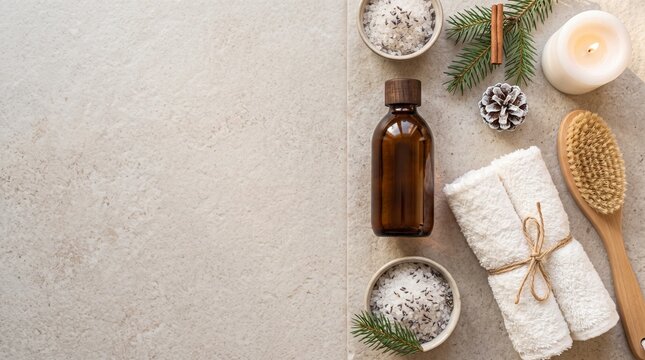 Top down flat lay winter SPA concept blank amber glass cosmetic bottle rolled white towels wooden brush on stone surface mockup