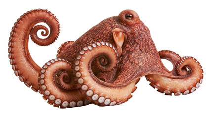 Brown octopus with curled tentacles, isolated on transparent background © Marcel