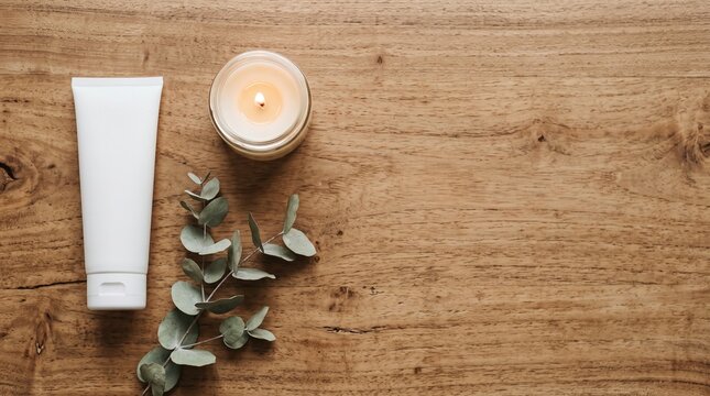 Top down flat lay completely blank white matte cosmetic tube dried eucalyptus branch and cozy candle on wooden table skincare mockup