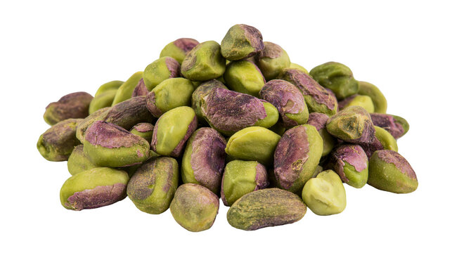 Pile of shelled green pistachios with purple skins, isolated on transparent background