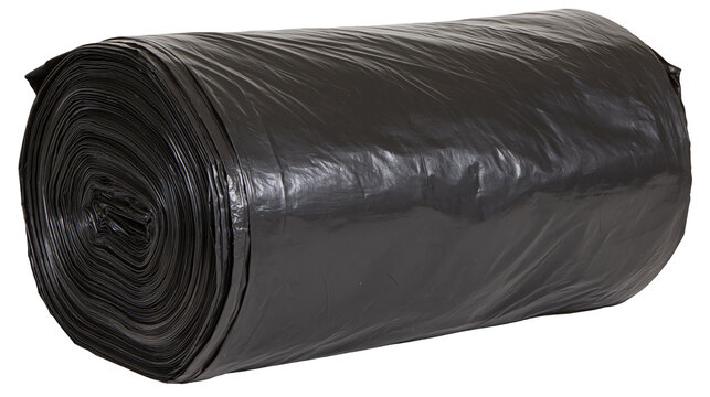 Large roll of black plastic garbage bags, isolated on transparent background