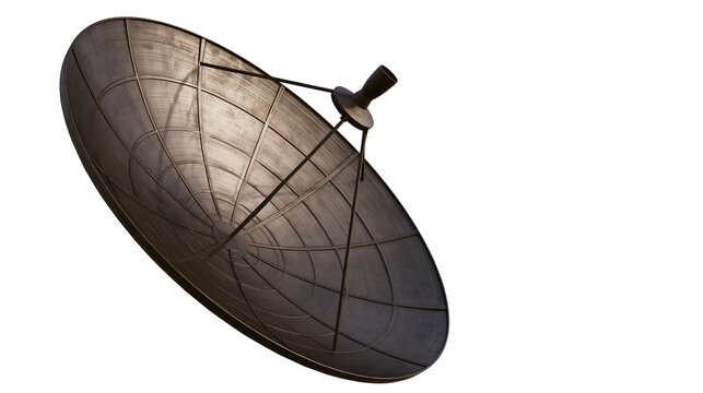 Large metallic satellite dish with grid pattern, isolated on transparent background