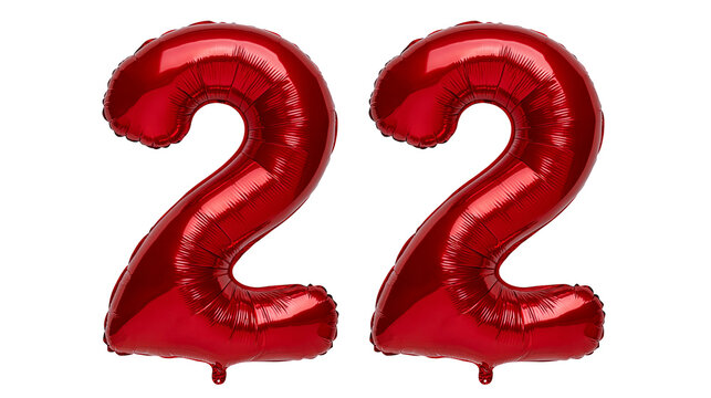 Two shiny red number 2 balloons, isolated on transparent background
