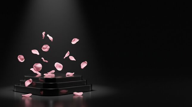 Minimalist 3D product podium stark black environment glossy black display stand floating pink rose petals ultra modern romantic mockup