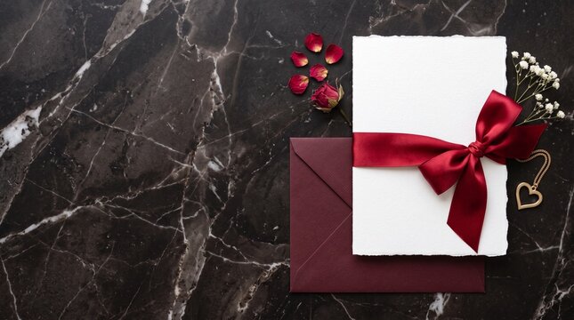 Top down flat lay completely blank white greeting card elegant red silk ribbon dark luxury marble background Valentines Day mockup