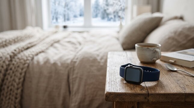 Close up completely blank smartwatch screen on wooden bedside table blurred cozy winter bedroom background morning light mockup