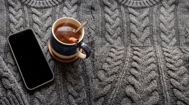 Top down flat lay sleek modern smartphone with empty black screen on cozy winter sweater cup of hot tea warm indoor lighting mockup