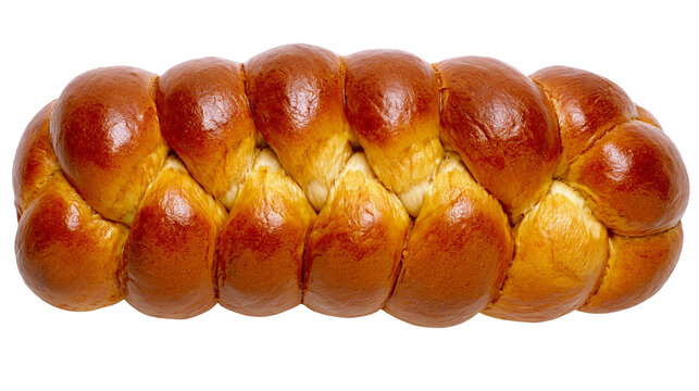 Golden brown braided challah bread loaf freshly baked and glossy, isolated on transparent background