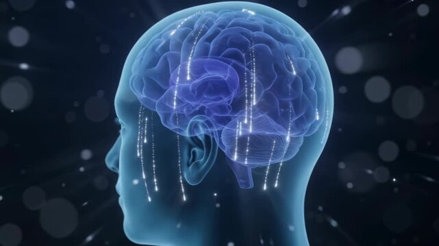3D animation of a glowing blue human brain inside a transparent head profile against a dark background with particles, representing neurology and mental health.