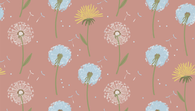 Seamless floral pattern featuring delicate blue fluffy dandelions and bright yellow flowers on a terracotta background.