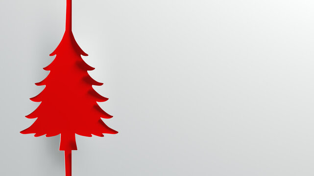 Minimalist Red Paper Cutout Christmas Tree Greeting Card Background - 3D rendering