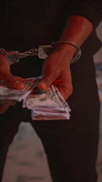 Handcuffed man holding stack of dollar bills, financial crime arrest vertical video thumbnail