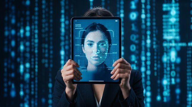 Woman holding tablet displaying facial recognition scan against digital background.