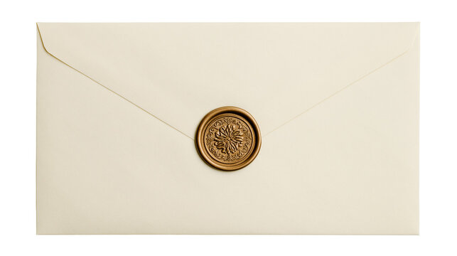 Cream envelope sealed with ornate golden wax seal, isolated on transparent background