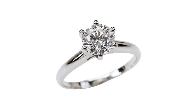 Sparkling round cut diamond solitaire engagement ring, isolated on transparent background