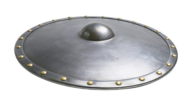 Round metal Viking shield with central boss and brass rivets, isolated on transparent background